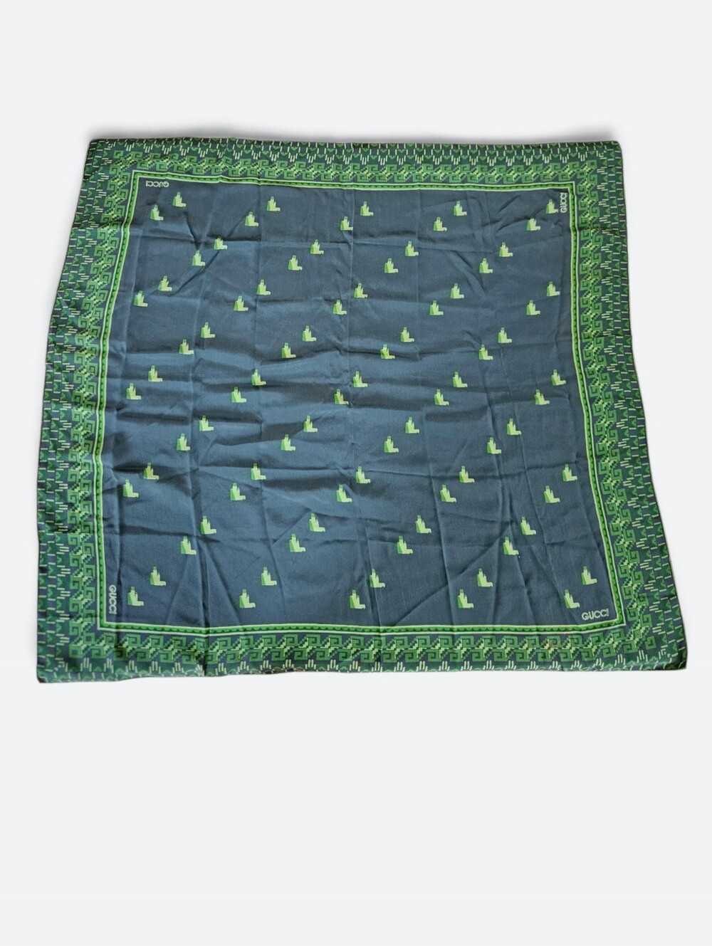 Gucci Vintage Signed 100% Silk Hand Rolled Large Green Pattern Oversized Scarf